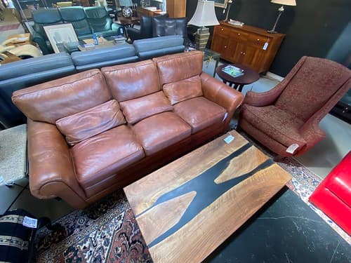 Stickley Sonoma Leather Sofa - $1195
English Walnut Live Edge Cocktail Table with Black Clear Resin - $1795
