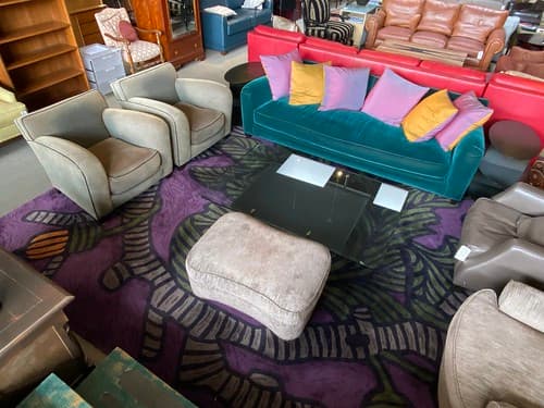 Deco Style Mohair Sofa with Black Leather Welts and 6 Toss Pillow - $1295
Glass Steel Leather Cocktail Table - $499
Deco Lounge Chair - $499/ea