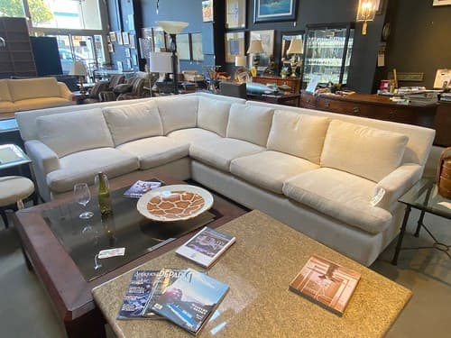 Universal Sectional White Chenille with Taper Wood Legs - $2495
Custom Leather Wrapped Cocktail Table Bronze Glass c1980s - $399