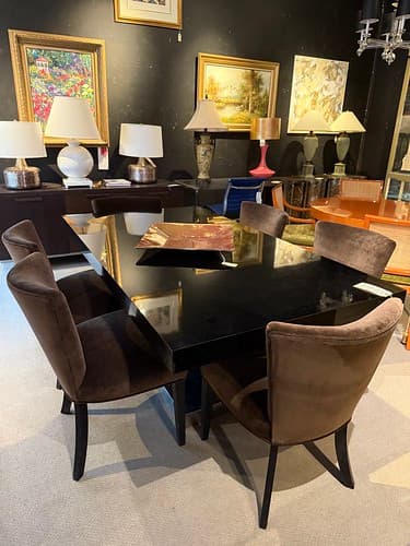 Mid Century Modern Dining Set Pedestal Table - 6 Side Chairs - Black with Stainless Trim c1955 Paul Frank inspired - $1595