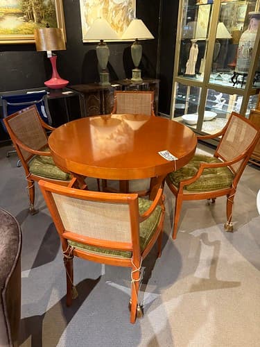 Nancy Corrine Pear Wood Dining Set Pedestal Table with 4 Arm Chairs Thai Silk with Cords Tassels - $3995
