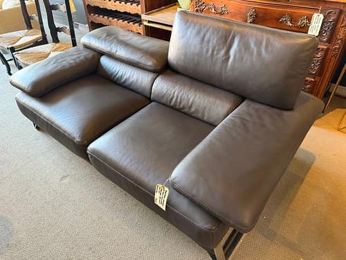 Roche Bobois Contemporary Apt Sofa with Pop up Headrest Chrome Base Bark Leather - $2495