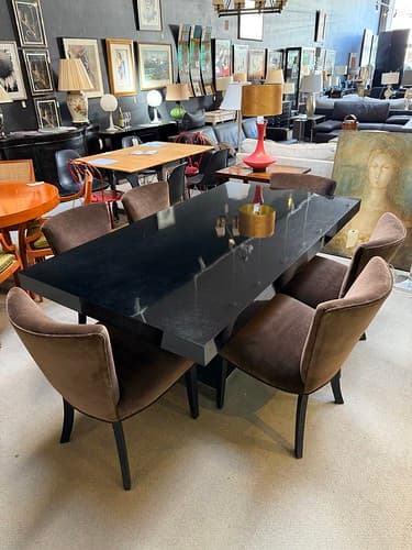 Midcentury Modern Dining Set Table 6 Side Chairs Black with Stainless Trim c1955 Paul Frank Inspired - $1295