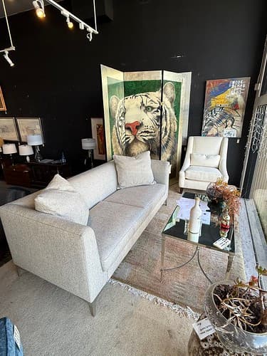 Room and Board Sterling Sofa Tedic Cement Stainless Legs - $799
Mitchel Gold + Bob Willing Supper Chair with Bolster Cream Fabric - $349
Modern Chrome Mirror Cocktail Table - $279
3 Panel Screen by Will Bullas c1990 “The Pale Prince” - $5495