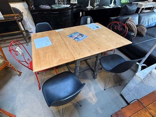 Country Drop Leaf Dining Table/ Console Gray Base Natural Maple - $299
Eames Molded Plastic Side Chairs Black with Chrome Wire Base Herman Miller - $499/ set of 4
Fermob Montmartre Side Chairs Poppy Red Steel Sweetheart - $199/ea (2)