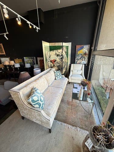 Mitchell Gold Bob Williams Luxe Sofa with Nailhead Trim Tobacco Finish Velvet - $995
Mitchell Gold Bob Williams Supper Chair Cream - $299
Modern Chrome Mirror Cocktail Table - $179
3 Panel Screen by Will Bullas c1990 The Pale Prince - $2995