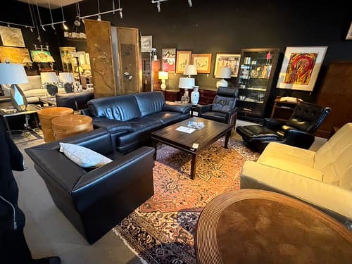 Italian Leather Sofa - $1095
West Elm Leather Recliner Black Leather - $449
Tufted Chaise Lounge Nailed Trim Recliner - $399
Hickory Chair Ceylon Custom Cocktail Table Atelier Style - $299
Vintage c1970s Lounge Chair Black Leather - $499