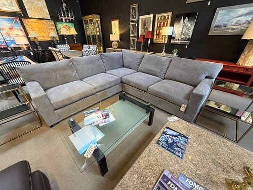 Crate and Barrel Microfiber Sectional Charcoal Java Finish - $1495
Clear and Translucent Glass Metal Cocktail Table Steel- $219
