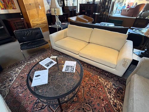 Hamilton Sofa Casterly Track Arm Chrome Base Natural Woven - $399
Modern Cocktail Table Steel and Glass Black Finish - $199
Piero Lissoni Frog Chair by Living Divaui Leather Black with Chrome Frame Italy - $1275