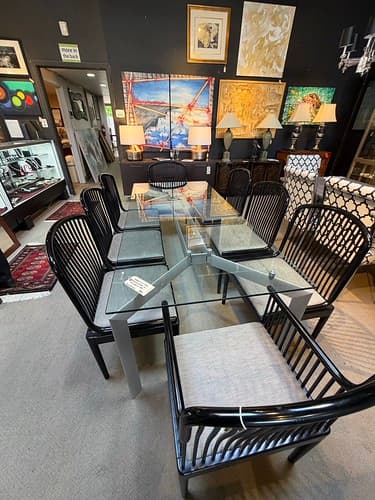 Modern Dining Table Aluminium Glass by Makio Hasuke c1989 - $899
Stendig “Andover” Dining Chairs 2 Arm and 6 Sides Black Finish - $1595