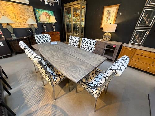 Live-Edge Acacia 79” Dining Table with Glass Base Hooker Furniture - $799
Set of 6 Upholstered Side Chairs Black/ White woven with Chrome Frame - $799
