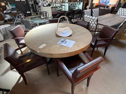 Distressed 60” Diameter Dining Table with X Base Williams Sonoma - $599
Ligne-Roset set of 6 arm chairs leather - $1395