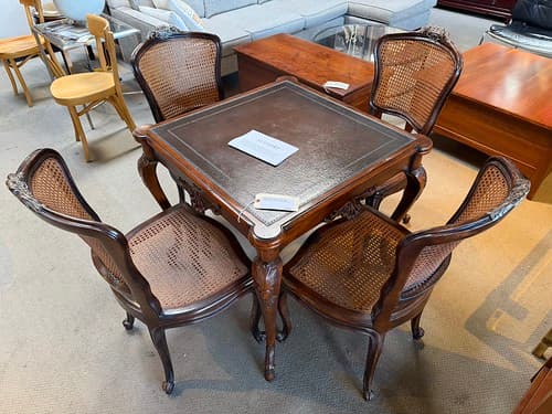 Althorp Square Game Set Table with Leather top and 4 French side chairs w/caned seats & backs, traditional/Louis XIV style - $599