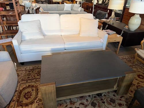Bassett cream upholstered sofa, Track arm, dark tapered legs, 3-seat - $699