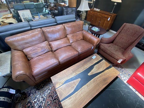 Stickley Sonoma Leather Sofa - $1195
English Walnut Live Edge Cocktail Table with Black Clear Resin - $1795
