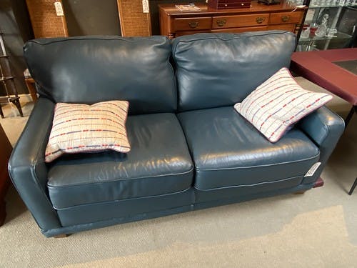 LazBoy Apartment Sofa Teal Top Grain Leather Tapered Legs - $995