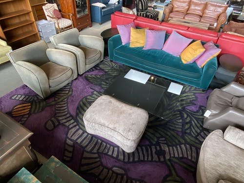 Deco Style Mohair Sofa with Black Leather Welts and 6 Toss Pillow - $1295
Glass Steel Leather Cocktail Table - $499
Deco Lounge Chair - $499/ea