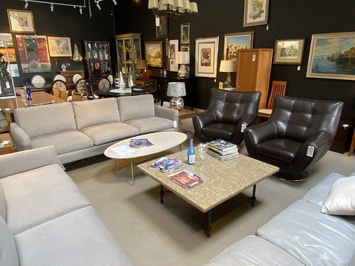 Room and Board Jasper 3 over 3 96” Sofa Blend Down Cushions Grey - $899
Modern Oval Cocktail Table Champagne Brass - $399
Modern Brown Leather Swivel Lounge Chair with Chrome Base - $329/ea