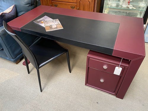 Italian Leather Wrapped Desk and Cabinet Burgundy Black Work Surface - $799