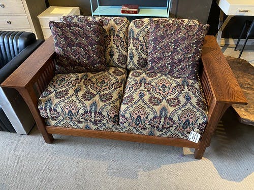 Arts and Crafts Mission Style Loveseat Oak Frame Tapestry - $599