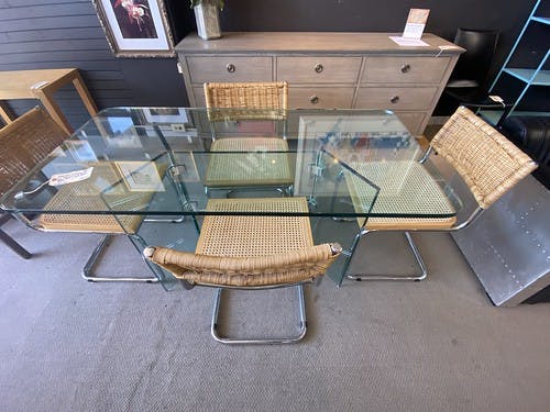 Glass Arts Glass Table with 4 Breuer style sides rattan back with cane seats - $799