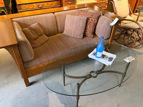 Nov Wk2 Praire Settee Loveseat Stickley Mission Oak Strutted Chenille - $1595
Bausman Steel and Glass Cocktail Table Provance Fin. - $299