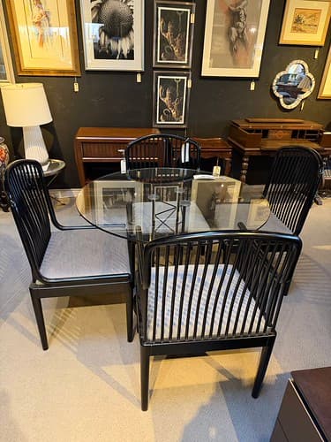 Nov Wk2 Modern Guss and Steel Dinette Table with Black Fin $ $199
Stendig “Andover” Dining Chairs 2 arm and 6 sides Black Finish Silver Fab. - $2195