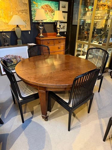 Nov Wk2 54” Round Dining Table with 3 Leaves - $699
Stendig “Andover” Dining Chairs 2 Arm and 6 Sides Black Finish Silver Fab - $2295