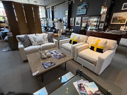 April Wk2 Jonathan Louis Custom Loveseat White Fabric with Greek Key Toss Pillows - $588
Jonathan Louis Custom Lounge Chair White Fabric with Yellow Cross Tods Pillow - $399/ea
Granite and Steel Cocktail Table - $299