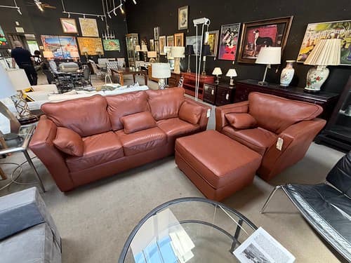 May Wk 4 Leather Sofa Amber Leather with Wood legs - $1295
Leather Chair and Ottoman Amber Leather with Wood Legs - $599