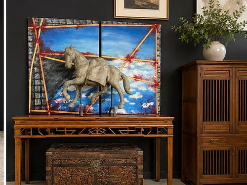 August Wk3 Plane Bound" Diptych Oil by Binnie Birstein c1987 - $599
Uttermost Lazzaro horse statue on stand, approx. 12w x 30l x 30h in - $399
Asian console Through-Tenon Joinery Solid Elm - $499
Vintage Asian hand-carved Trunk - $149