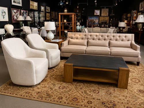 August Wk3 Baker Furniture Thomas Pheasant 'Max Sofa' (Tufted), light olive/taupe linen upholstery, tufted back, dark sable-finish tapered legs, 98.75"W x 37"D x 32"H (No. BA6130S) - $1195
Arhaus Swivel Lounge Chair Grey Boucle Fabric - $299/ea
Pottery Barn Westbrook Cocktail Table Slate with Taupe Wood - $399