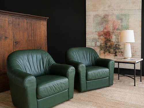 August Wk3 Italian Contemporary Green Leather Swivel Chair - $299/ea
Herman Miller Polygon 32" Dia Cocktail Table - $399
Faux Marble End Table back Metal Base - $179
Original Mixed Media Contemporary Artwork - $799