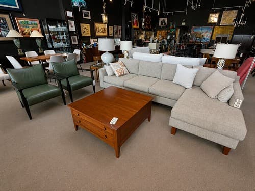August Wk3 Mitchell Gold Bob Williams Chaise Sectional Midcentury Modern Grey Tweed - $1495
Mitchell Gold + Bob Williams Arm Chair Teal Leather - $699/ea
Bob Timberlake Map Cocktail Table Solid Cherry Lexington Furniture - $399